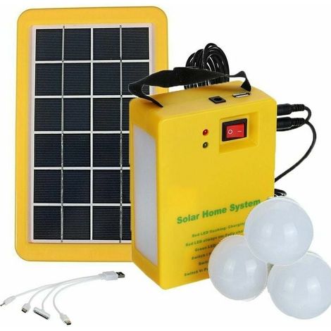 Lampe Solaire - Kit Générateur Énergie Solaire avec Batterie Rechargeable - Pour Camping Éclairage Extérieur Intérieur - 3 Ampoules LED - 3,5 W - 350 Lm - 5 V 4000 mAh