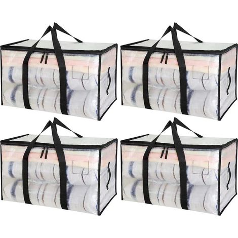 Grand Rangement Vetement 90L, 4 Pièces Boîte de Déménagement Transparente, Sac Rangement Vetement, sac rangement couette, Housse Vetement avec poignée pour Ranger et Organiser les Vêtements (1/5)