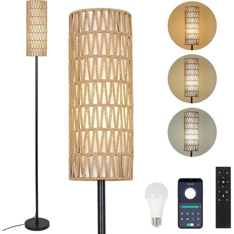Rattan Floor Lamp, Dimmable Remote Control and App Control, Boho with Rattan and Linen Shade, Bulb Included (1/5)