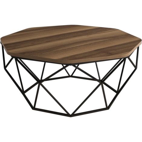 Table basse octogonale bois noyer et pieds acier noir Diva 90cm (1/5)