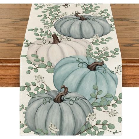 Tovaglia autunnale in eucalipto con zucche blu, decorazione stagionale per la tavola da cucina, 33x183 cm (1/5)