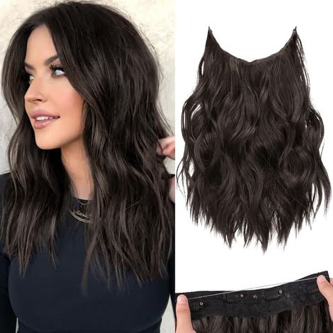 Extensions de cheveux invisibles avec bandeau transparent, taille ajustable, 4 clips de sécurité, cheveux longs et ondulés, brun foncé, 40 cm (16 pouces) pour femmes