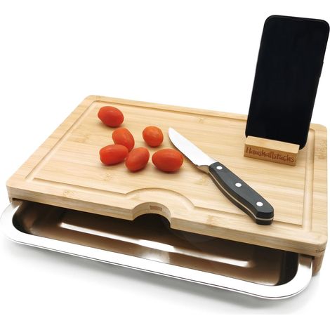 Planche à découper 100 % bambou avec bac de récupération, support pour téléphone portable et rainure à jus - Planche de cuisine en bois avec bac de (1/5)