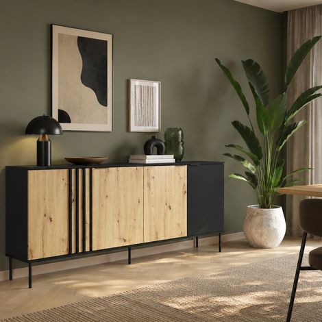 Buffet bas moderne 4 portes noir et bois IRINA