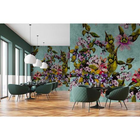 Papier peint panoramique nature bleu et vert Tapisserie panoramique floral pour salon zen Papier peint panoramique tendance idéal salle à manger (1/3)