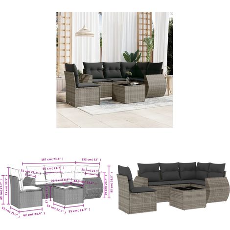 6-tlg. Garten-Sofagarnitur mit Kissen Grau Poly Rattan - Gartenmöbel Set - PE-Rattan Möbel - Outdoor Lounge - Esstisch Set - Balkonmöbel - Home & Living (1/3)