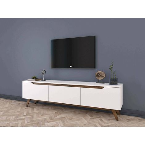 Dmora - Mobile porta TV Apatite, Credenza da soggiorno, Armadio basso per TV, Base parete attrezzata, 180x35h49 cm, Bianco e Noce (1/5)
