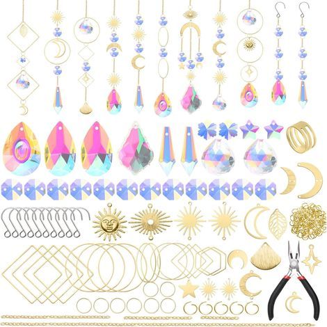 Sonnenfänger, 200 Stück Kristall-Sonnenfänger, Glasperlen-Regenbogenprismen-Kristall-Hänge-Sonnenfänger-Anhänger Sonnenkristalle für Fenster, Haus, Garten, Party - Gold (1/5)