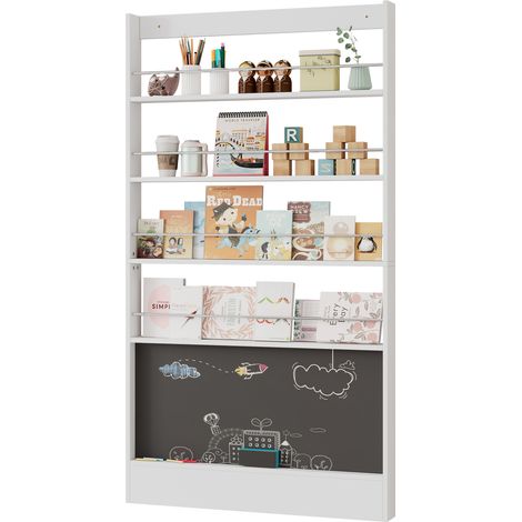 Mensole per Libri Illustrati con Lavagna Verniciabile 200x10x180 cm, 4 Ripiani, Antiribaltamento, MDF, Bianco per Bambini