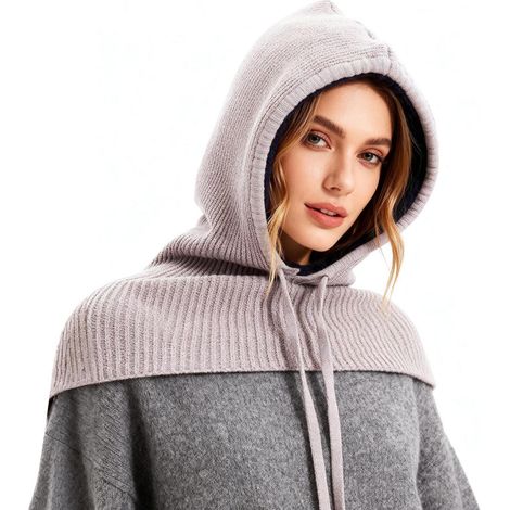 Cagoule écharpe 2-en-1 en tricot, douce et coupe-vent, unisexe, beige (1/5)