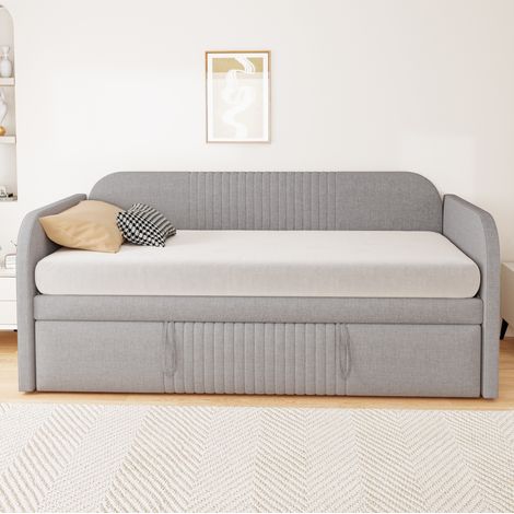Ausziehbett 90/180×190 cm in Leinenoptik Hellgrau mit Lattenrost und Multifunktion (1/5)