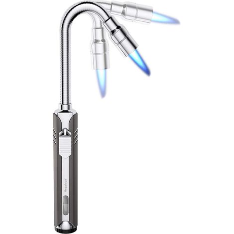 Briquet Allume Gaz Rechargeable Long Coupe-Vent avec Cou Flexible - Allume Feu, Bougie, Charbon pour Cheminée, Barbecue Extérieur (sans Gaz), Gris (1/5)