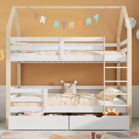 Lit cabane Enfant 90x200 avec Grands tiroirs,lit Mezzanine 90x200,lit superposé 2 Places,en Forme de Maison,en Bois de pin pour Enfant,Blanc+Bois (1/5)
