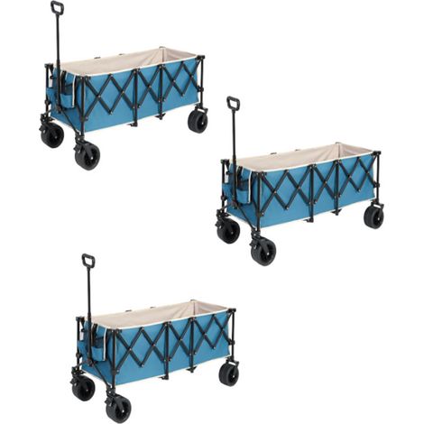 3er-Set foldable Extended Wagon with 220lbs Weight Capacity, Heavy Duty 300L Folding Utility Garden Cart with Big All-Terrain Beach Wheels & Drink Holders. Blue