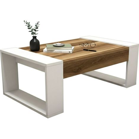 Dmora - Tavolino da salotto Kaffa, Tavolo basso da caffè, Portariviste per divano, Ripiano da soggiorno, 102x60h38 cm, Noce e Bianco