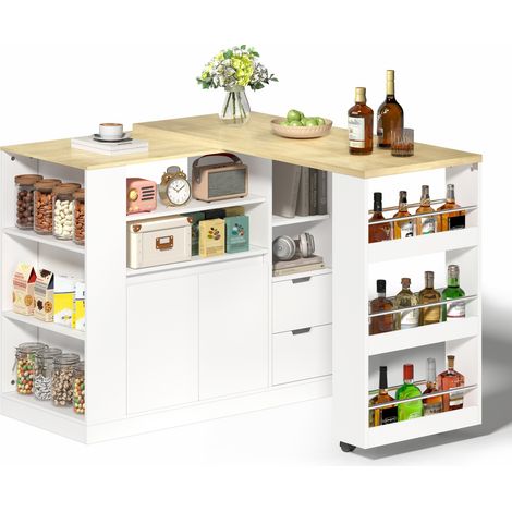 ELVMI Isla de Cocina con 2 Cajones, Estantes y Encimera Giratoria Extensible, MDF, 115 x 50 x 92 cm, Blanco Natural (1/5)