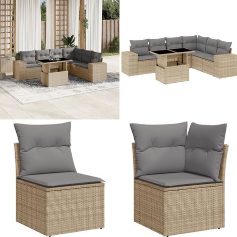 Salon de jardin avec coussins 7 pcs beige résine tressée - Ensemble Salon De Jardin - Meuble Extérieur - Salon De Jardin Pliable - Table Extensible - Chaise Lounge - Home & Living