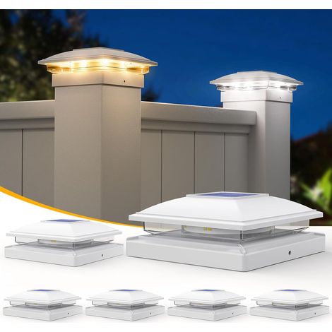 Luces solares para postes de cerca, paquete de 6, 2 modos brillantes, 5 x 5 pulgadas, vinilo, para exteriores, impermeables, para jardín, patio, cerca, decoración de cubiertas, (1/5)