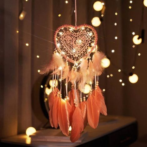 1 Attrape-rêves, Plumes, Lumineux LED, Métal, Forme Ronde, Cœur, Décoration Chambre Fille, Mariage (1/5)
