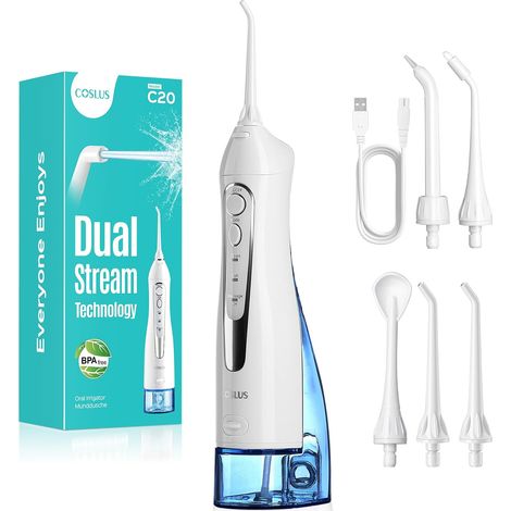 Hydropulseur Jet Dentaire, Grand Réservoir De 300 Ml  Hydropulseur Rechargeable Pour Orthodontie Et Gencives Sensibles, Sans Fil, Idéal Pour Les Voyages Et La Famille,Blanc (1/5)