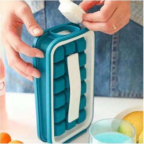 Bac à glaçons – Moule à glaçons innovant – Machine à glaçons, récipient de stockage, distributeur – Portable, isolé, Peut contenir 18 grands glaçons (bleu) (1/4)