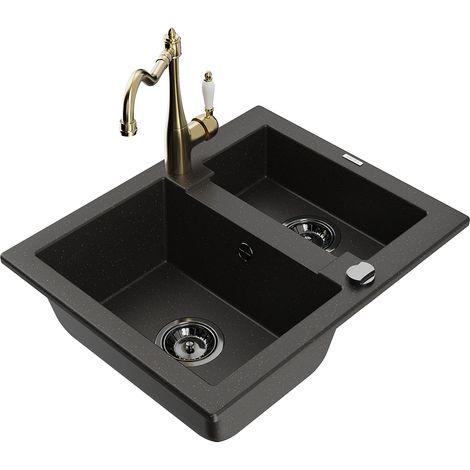 Mexen Carlos lavello da cucina in granito 1,5 vasche con miscelatore Carla, nero/oro metallizzato - 6518-75-670700-50-B (1/5)