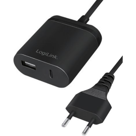 Caricabatterie da parete USB LogiLink da 12 W con 1 porta USB-A + 1 cavo USB-C da 1,5 m per ricarica rapida, colore nero. (1/4)