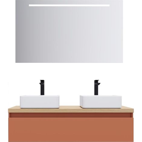 Meuble de salle de bain suspendu 2 vasques à poser 120cm 1 tiroir Terracotta + miroir - Hudson (1/5)