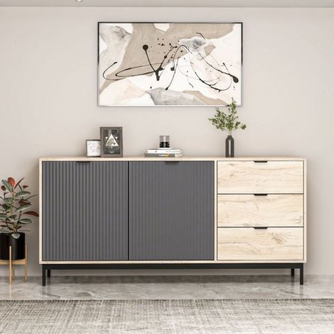Madia con ante e cassetti colore rovere chiaro e antracite con effetto cannettato 180x45x90H cm - Mayri