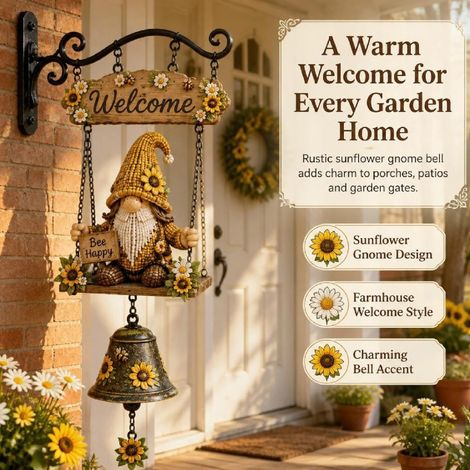 Carillon nain suspendu « Abeille et Tournesol » - Carillon éolien nain en résine fait main, style champêtre, pour porche, terrasse, jardin, clôture. Cadeau idéal pour les jardiniers. Jaune. (1/5)