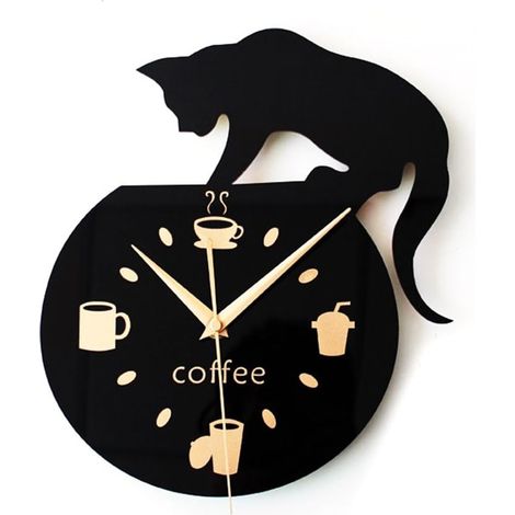Wanduhr im Cartoon-Stil mit kletternder Katze, Kaffeetasse und