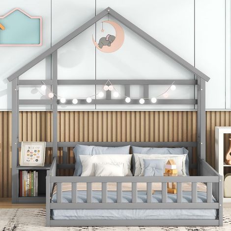 Lit cabane 140 x 200 cm gris avec barrières de sécurité et chevets – lit chambre enfant (1/5)