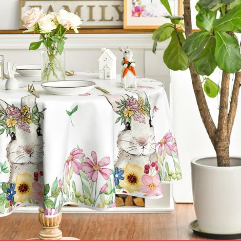 Nappe ronde 140 cm avec motif fleurs-lapins, Pâques & Printemps, anti-taches
