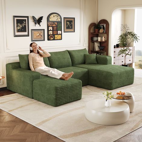 Sofá modular de 4 plazas de pana con puff y chaise longue a la derecha, sin montaje, Verde