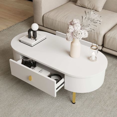 DESMIU Table basse rectangulaire avec 2 tiroirs, poignées et pieds dorés, bords arrondis, pour salon, blanc, 108 × 50 × 40 cm (1/5)