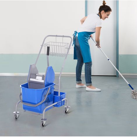 Chariot de nettoyage professionnel 25 L avec seau essoreur, panier suspendu, tablette plastique, poignée ergonomique et 4 roues, bleu - CHICFURN (1/5)