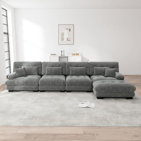 Modulares Ecksofa, L-förmiges Couch Set für Wohnzimmer, 4-Sitzer Komfortable Cloud Couches mit beweglichem Ottoman, DIY-Kombination, Chenille, Grau 
WL
