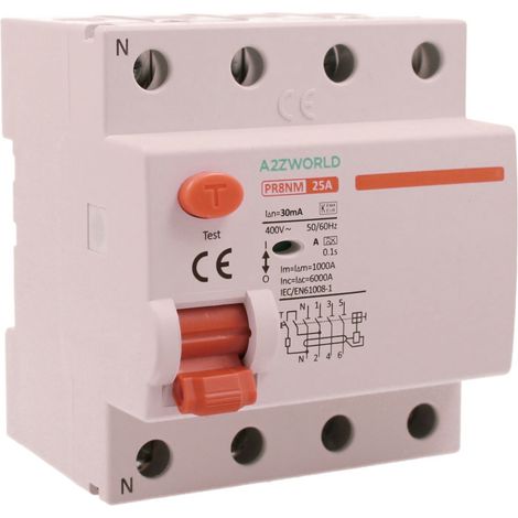 A2ZWORLD RCCB Interruttore Differenziale Puro Tipo A 3P+N 4M 6000A 30mA AC 400V IP20 IEC61008-1 PR8NM, Corrente Disponibili 25A 40A 63A  (25A) (1/3)