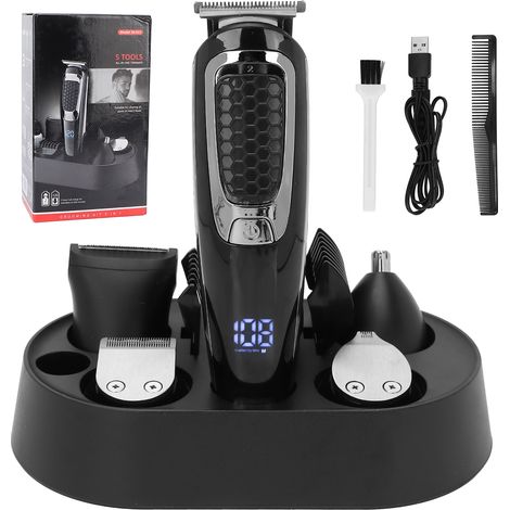 Kit 5-en-1 tondeuse électrique professionnelle pour hommes, ensemble de coupe-cheveux avec brosse de nettoyage (1/5)
