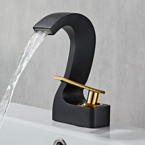 Bathroom Sink Faucet with Hot and Cold Water, Black Brass Bathroom Faucet, Gold Basin Faucet, Deck Mounted Mixer Tap (Black + Gold) (1/5)