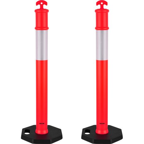 Poteau de Signalisation 2PCs 114 cm, Balise de Délimitation avec Base Lestée et Bandes Réfléchissantes, Délinéateur de Circulation pour Contrôle des Foules, Chantier Stationnement, Rouge (1/5)