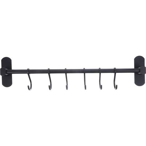 Support Mural Noir en Alliage D'aluminium pour Ustensiles Cuisine 40 Cm 6 Crochets Amovibles Design Bords Lisses Charge Forte sans Perçage pour Rangement la Cuisine (1/5)