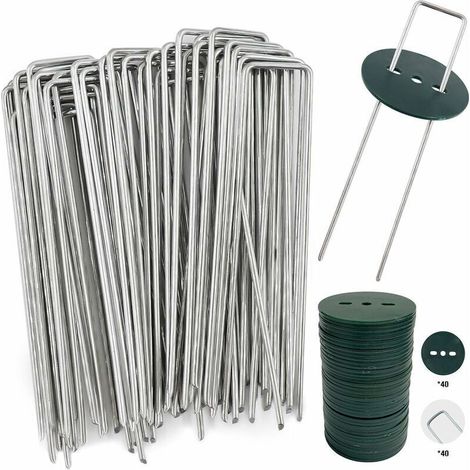 40 Piquets de Jardin avec Rondelles, Piquets de Fixation en Acier Galvanisé pour Baches, Agraphes de Fixation de Toile de paillage - 150 MM de Long, 25 MM de Large, 2.8 MM de Diamètre