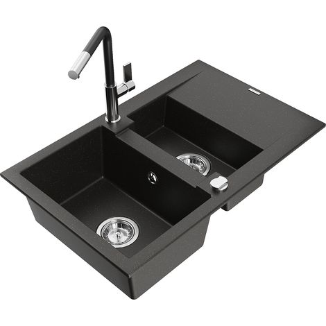 Mexen Gaspar lavello in granito con 1,5 vasche con scolapiatti e rubinetto da cucina Flora, nero/oro metallizzato (1/5)