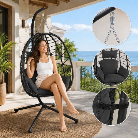 Makika Hängesessel mit Gestell höhenverstellbar aus Polyrattan in Schwarz
