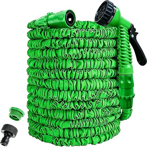 Dehnbarer Gartenschlauch mit 7-Funktions-Sprühdüse - 3x dehnbarer Gartenschlauch - Kurzer Zauber-Gartenschlauch mit 1,9 cm und 1,27 cm Anschlüssen (7,5 m, grün) (1/5)