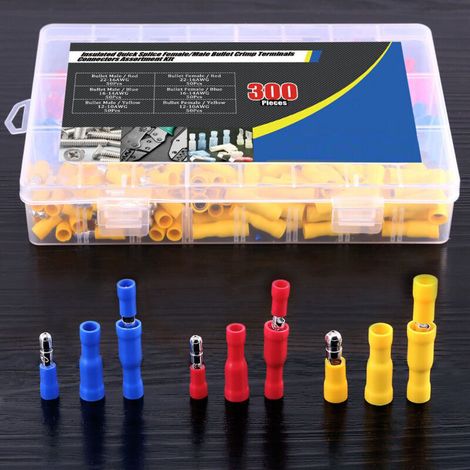 Terminali elettrici a crimpare isolati – Kit da 300 pezzi con 3 misure (1,25 mm² / 2,5 mm² / 6 mm²) per applicazioni automobilistiche e fai-da-te