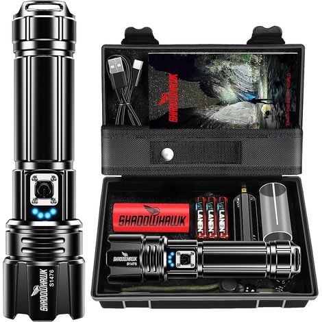 Lampe Torche LED Ultra Puissante, 1,000,000 Lumens Lampe de Poche Rechargeable, Lampe Tactique XHP70.2, IP67 Étanche 5 Modes D'éclairage pour Camping Randonnée Urgence (1/5)