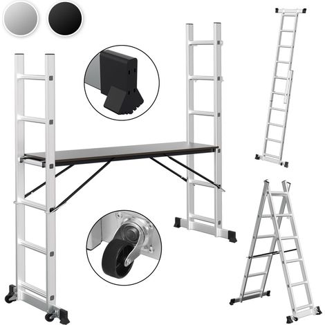 Randaco Andamio multifuncional de aluminio de 6 peldaños, color plateado, con plataforma y ruedas, 150 kg (1/5)