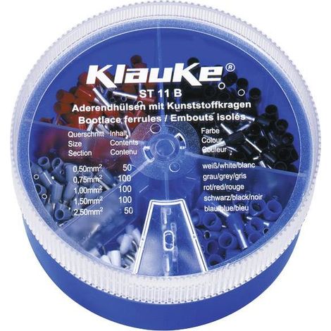 Klauke ST11B Assortiment d'embouts simples 0.5 mm², 0.75 mm², 1 mm², 1.5 mm², 2.5 mm² partiellement isolé blanc, gris, rouge, noir, bleu 400 par C009291 (1/2)